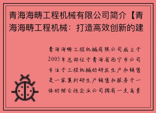 青海海畴工程机械有限公司简介【青海海畴工程机械：打造高效创新的建设利器】